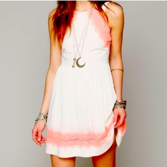 Free People Georgia Cream and Coral Neon Lace Dress - Picture 2 of 8